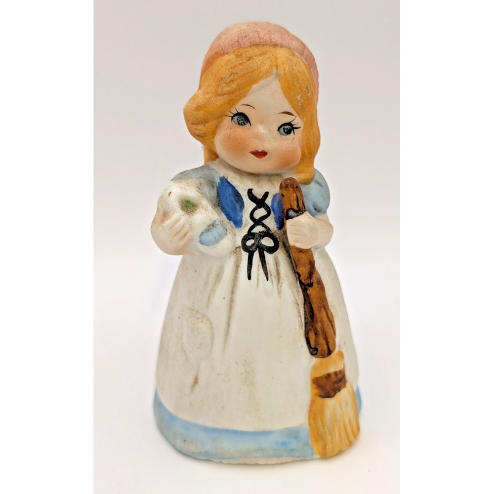 Jasco Bisque Porcelain Bell with Girl / Broom Vintage 4.25 inch tall/1978